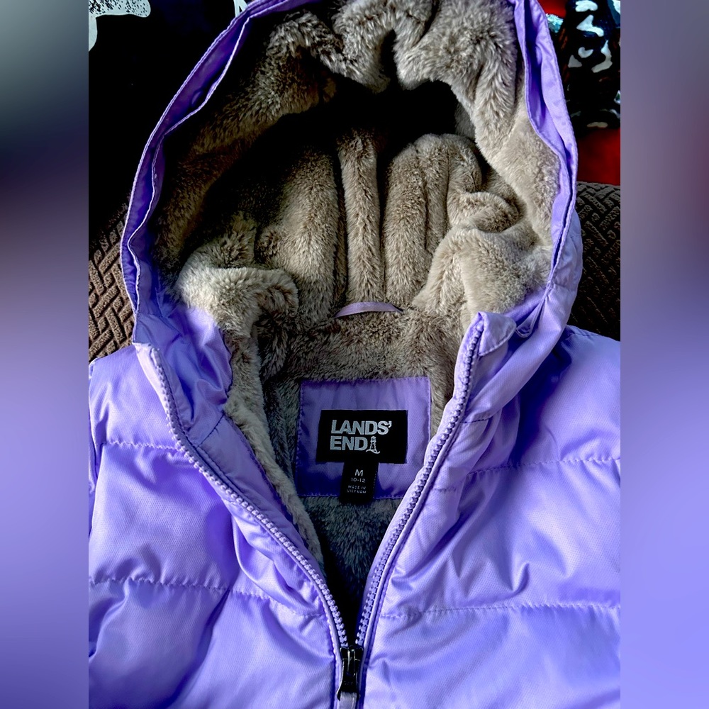 Girls LandsEnd Winter Fleece Lined Down Alternative ThermoPlume Coat Size L10-12